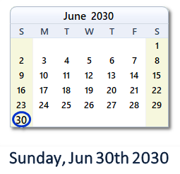 June 30, 2030 calendar