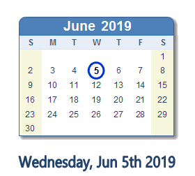 June 5, 2019 calendar