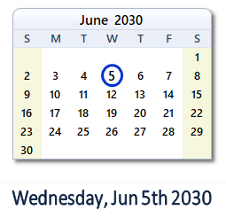 June 5, 2030 calendar
