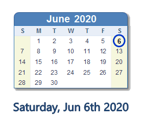 June 6, 2020 calendar