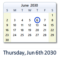 June 6, 2030 calendar