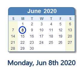 June 8, 2020 calendar