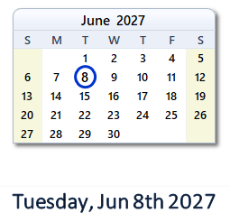 June 8, 2027 calendar