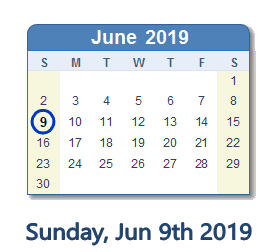 June 9, 2019 calendar