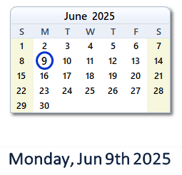 9 June 2025 calendar