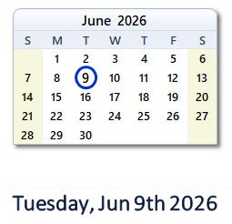 June 9, 2026 calendar