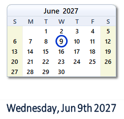 June 9, 2027 calendar