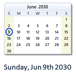 June 9, 2030 calendar