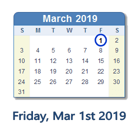 March 1, 2019 calendar