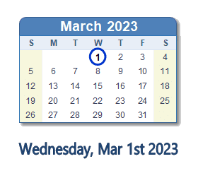 March 1, 2023 calendar