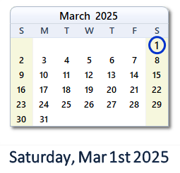 1 March 2025 calendar