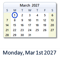 1 March 2027 calendar