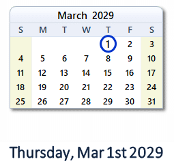 March 1, 2029 calendar