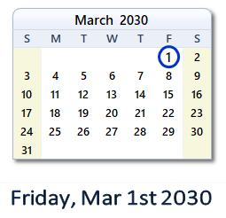 March 1, 2030 calendar