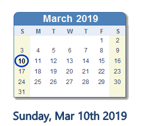 March 10, 2019 calendar