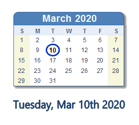 March 10, 2020 calendar