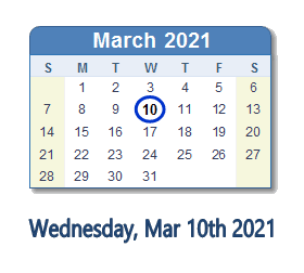 March 10, 2021 calendar