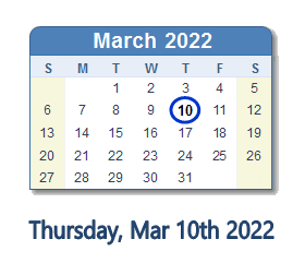 March 10, 2022 calendar