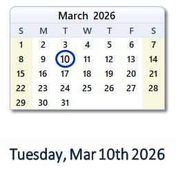 10 March 2026 calendar