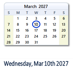 March 10, 2027 calendar