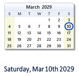 March 10, 2029 calendar