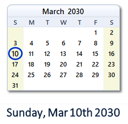 March 10, 2030 calendar