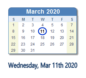 March 11, 2020 calendar