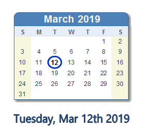 March 12, 2019 calendar