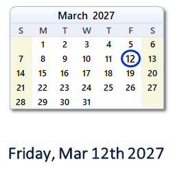 March 12, 2027 calendar
