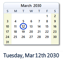 March 12, 2030 calendar