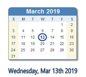 March 13, 2019 calendar