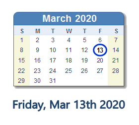 March 13, 2020 calendar
