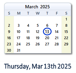 13 March 2025 calendar