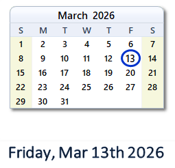 13 March 2026 calendar
