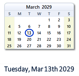 March 13, 2029 calendar