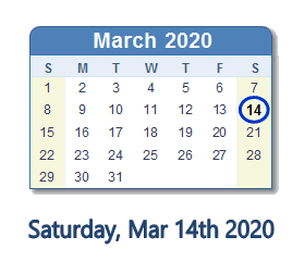 March 14, 2020 calendar