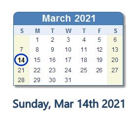 14 March 2021 calendar