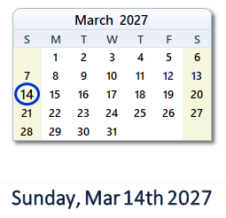 14 March 2027 calendar