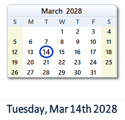 March 14, 2028 calendar