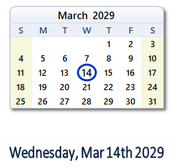 March 14, 2029 calendar