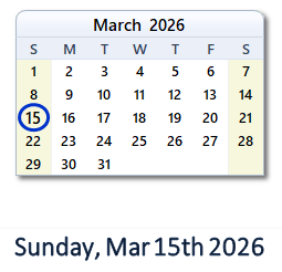 15 March 2026 calendar