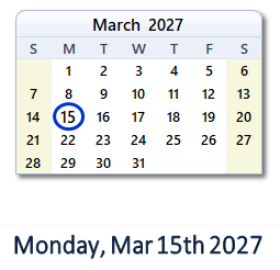 15 March 2027 calendar