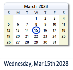 March 15, 2028 calendar
