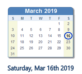 March 16, 2019 calendar