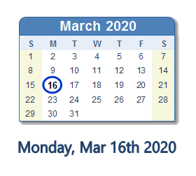 March 16, 2020 calendar