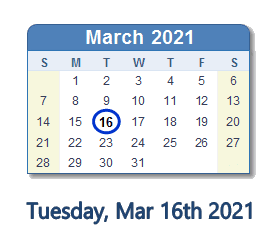 March 16, 2021 calendar