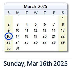 16 March 2025 calendar