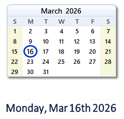 16 March 2026 calendar