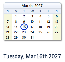 16 March 2027 calendar