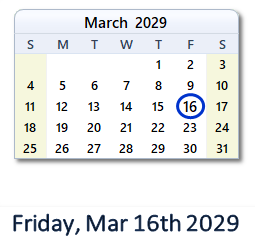 March 16, 2029 calendar